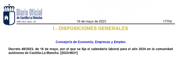 Fotografía de Publicación Calendario Laboral 2024 DOCM – Decreto 48/2023, ofrecida por FEDA