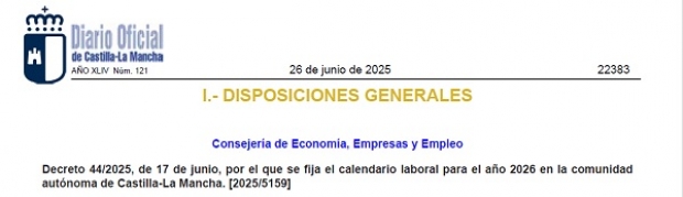 Fotografía de Publicación Calendario Laboral 2026 en la comunidad autónoma   de Castilla-La Mancha DOCM – Decreto 44/2025, ofrecida por FEDA