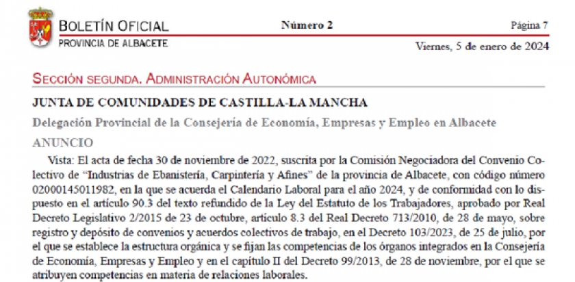 Publicado el Calendario Laboral de “Industrias de Ebanistería, Carpintería y Afines” de la provincia de Albacete, año 2024