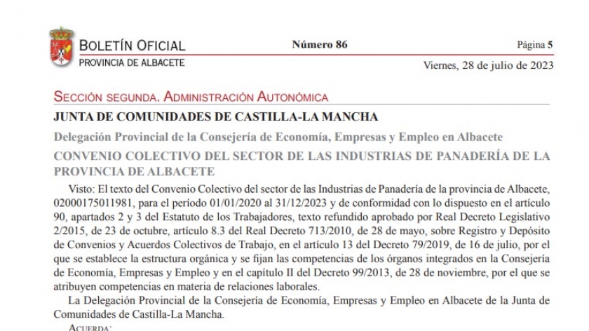 Convenio colectivo Industrias de Panadería de la provincia de Albacete, 01/01/2020 al 31/12/2023