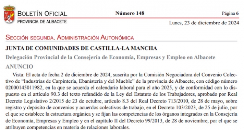Publicado el Calendario Laboral de “Industrias de Ebanistería, Carpintería y Afines” de la provincia de Albacete, año 2025