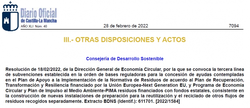 Resolución 18/02/2022, de la D. Gral. de Economía Circular, se convoca la 3ª línea de subvenciones para ayudas contempladas en el Plan de Apoyo a la Implementación a la Normativa de Residuos