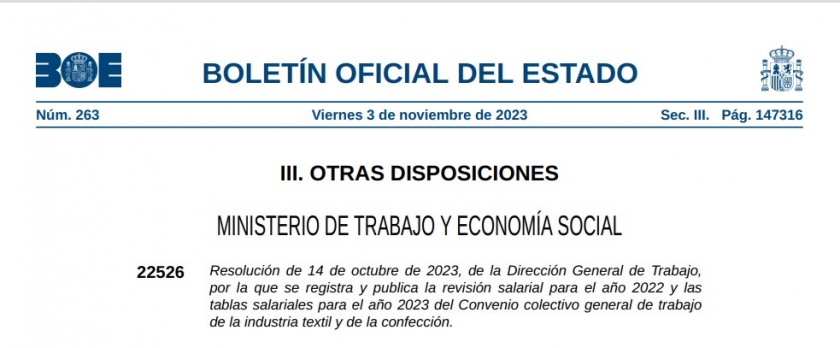 Revisión salarial 2022 y 2023 Convenio Industria Textil y Confección.