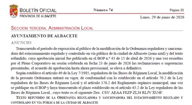 Fotografía de Publicación modificación Ordenanza Reguladora y Sancionadora del Estacionamiento Regulado y Controlado en Vía Pública de la Ciudad de Albacete., ofrecida por FEDA