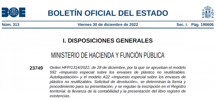 ORDEN HFP/1337/2022, se aprueba el modelo 593 &quot;Impuesto sobre el depósito de residuos en vertederos, la incineración y la coincineración de residuos. Autoliquidación&quot;