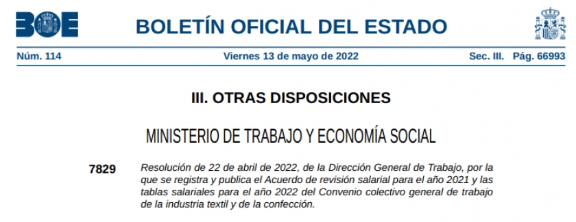 Revisión salarial 2021 y tablas salariales para 2022 del Convenio Colectivo General de Trabajo para la Industria Textil y de la Confección