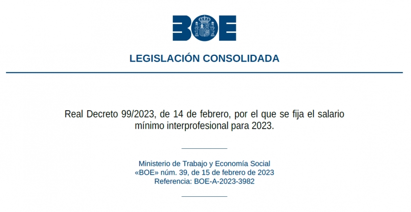Publicado Real Decreto 99/2023, por el que se fija el salario mínimo interprofesional para 2023