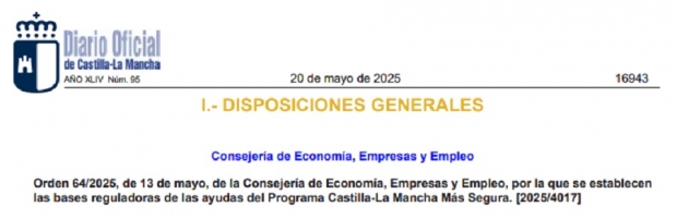 Fotografía de Orden 64/2025, bases reguladoras de las Ayudas del Programa Castilla-La Mancha Más Segura. CONVOCATORIA (Resolución 27.05.2025), ofrecida por FEDA