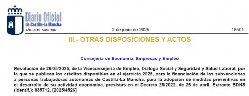 PUBLICADA RESOLUCIÓN DE 26/05/2025, PUBLICAN CRÉDITOS DISPONIBLES PARA EL EJERCICIO 2025, CONCESIÓN DIRECTA DE SUBVENCIONES A PERSONAS TRABAJADORAS AUTÓNOMAS DE CASTILLA-LA MANCHA