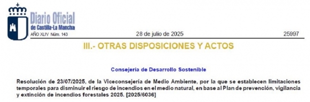 Fotografía de RESOLUCIÓN LIMITACIONES TEMPORALES PARA DISMINUIR EL RIESGO INCENDIOS C-LM, ofrecida por FEDA