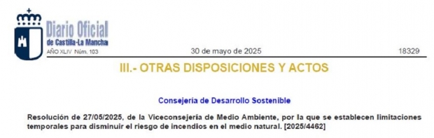 Fotografía de RESOLUCIÓN LIMITACIONES TEMPORALES DISMINUIR RIESGO INCENDIOS C-LM, ofrecida por FEDA