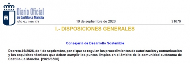 Fotografía de Decreto 46/2026, procedimientos de autorización y comunicación y los requisitos técnicos que deben cumplir los puntos limpios C-LM, ofrecida por FEDA