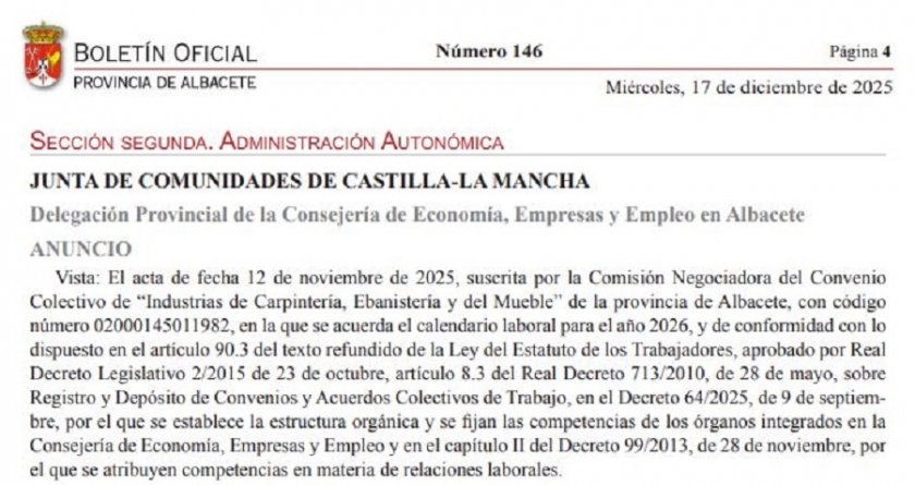Publicado el calendario laboral de “Industrias de carpintería, ebanistería y del mueble” de la provincia de Albacete para el año 2026.