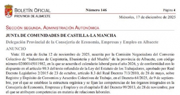 Fotografía de Publicado el calendario laboral de “Industrias de carpintería, ebanistería y del mueble” de la provincia de Albacete para el año 2026., ofrecida por FEDA