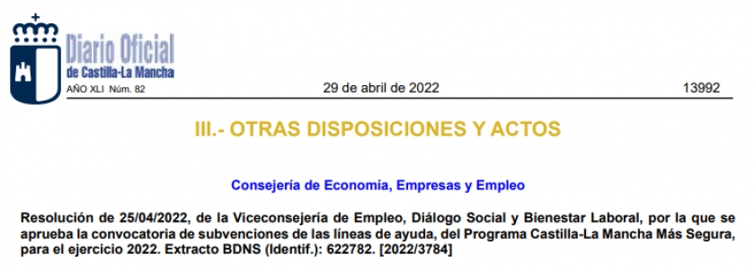 Resolución de 25/04/2022, de la Viceconsejería de Empleo, Diálogo Social y Bienestar Laboral, convocatoria de subvenciones de las líneas de ayuda, del Programa C-LM Más Segura,  para el ejercicio 2022