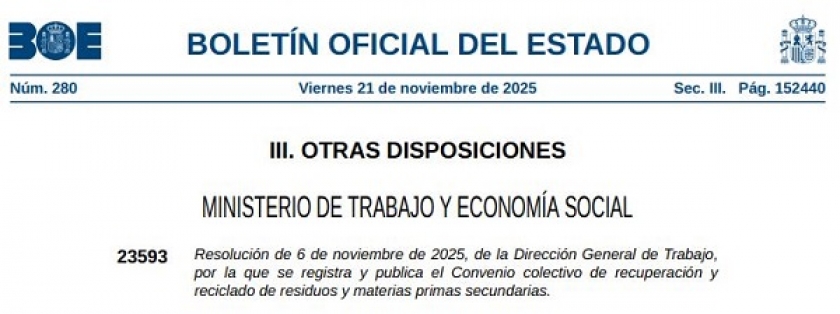 Publicado el Convenio colectivo de recuperación y reciclado de residuos y materias primas secundarias.