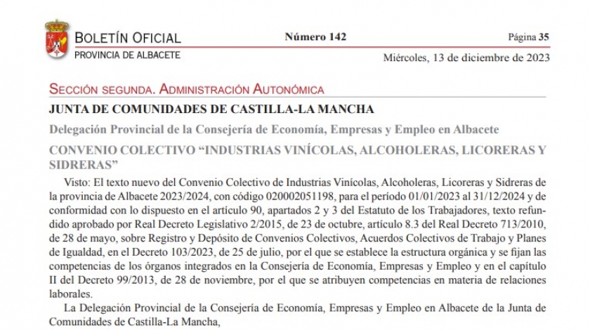 Publicado el convenio colectivo “Industrias vinícolas, alcoholeras, licoreras y sidreras” 2023/2024