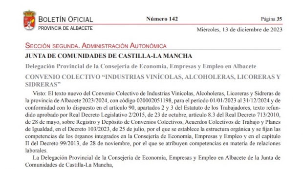 Fotografía de Publicado el convenio colectivo “Industrias vinícolas, alcoholeras, licoreras y sidreras” 2023/2024, ofrecida por FEDA