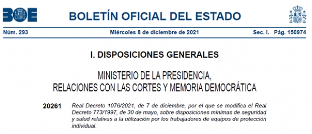 Fotografía de Real Decreto 1076/2021, por el que se modifica el R. D. 773/1997, seguridad y salud relativas a la utilización por los trabajadores de equipos de protección individual, ofrecida por FEDA